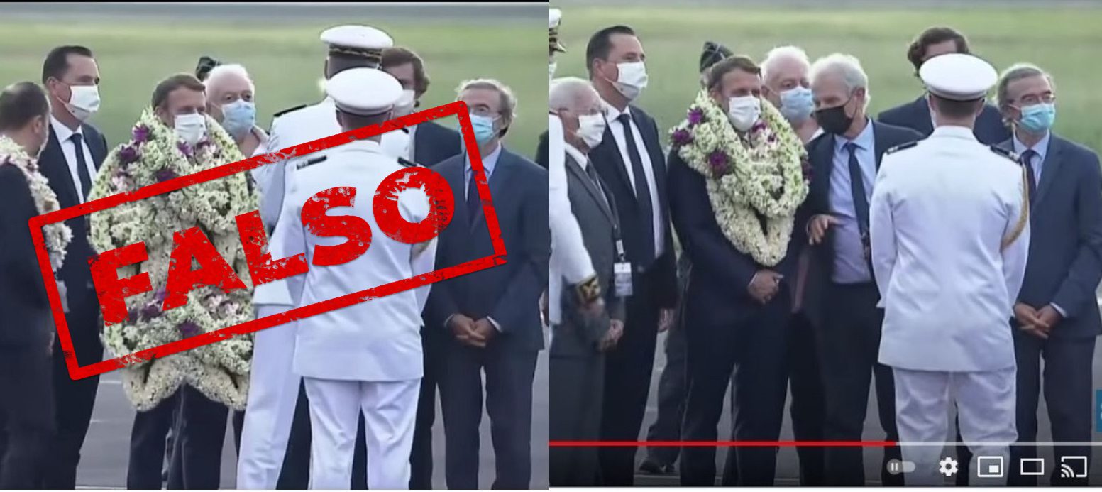 No, Macron no fue completamente cubierto de flores en su visita a Tahití; es un video editado