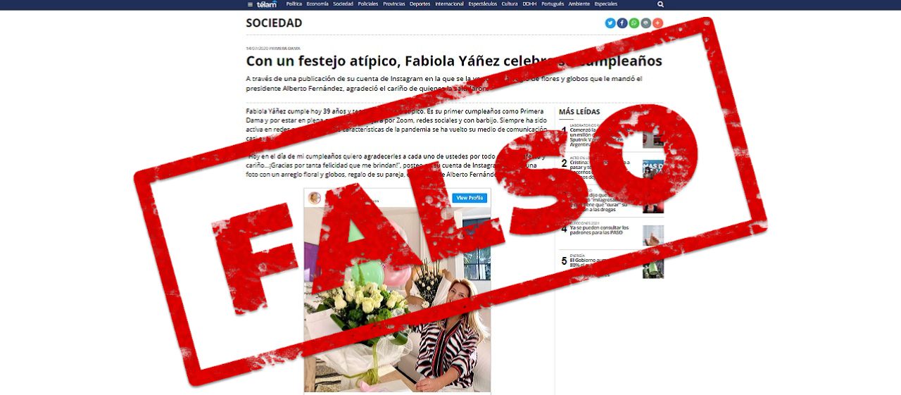 Es falsa la información que publicó Télam sobre el festejo de cumpleaños de Fabiola Yañez en 2020