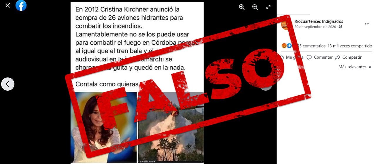 Es falso que en 2012 Cristina Fernández de Kirchner anunció la compra de 26 aviones hidrantes