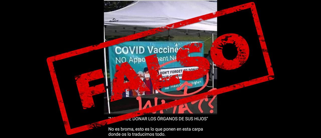 Es falso el cartel de un centro de vacunación contra la COVID-19 que invita a donar los órganos de sus hijos