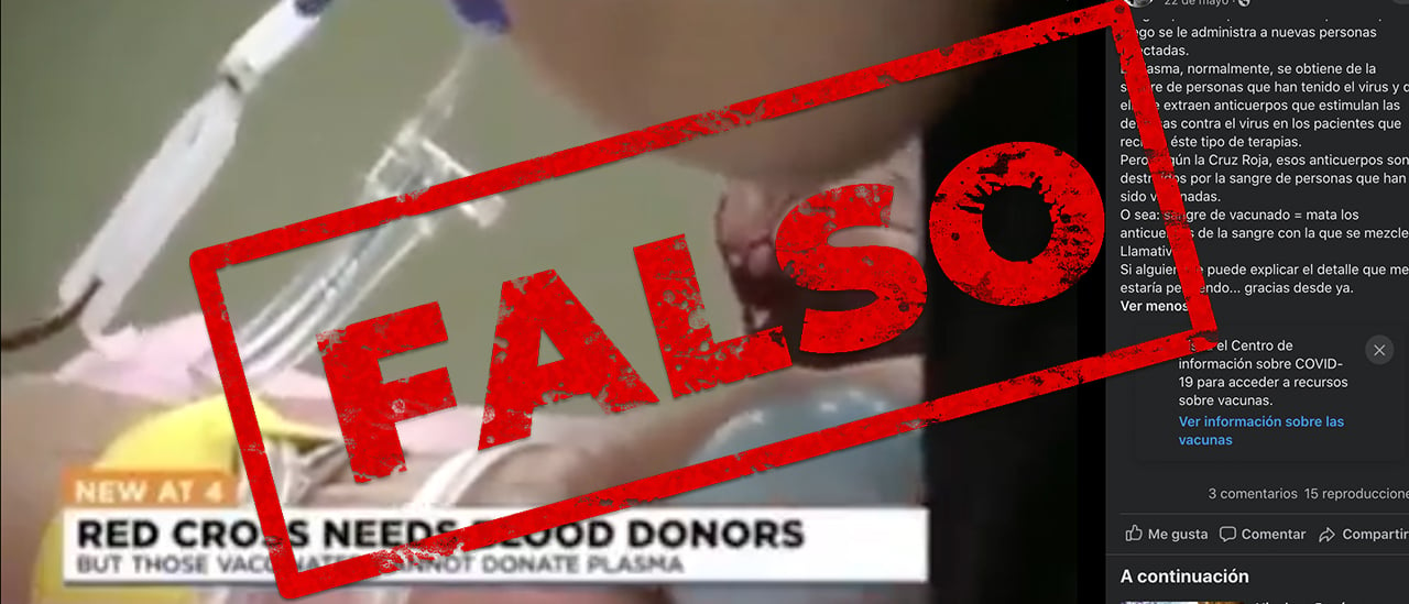 Es falso que la Cruz Roja prohíbe donar plasma a quienes fueron vacunados contra la COVID-19