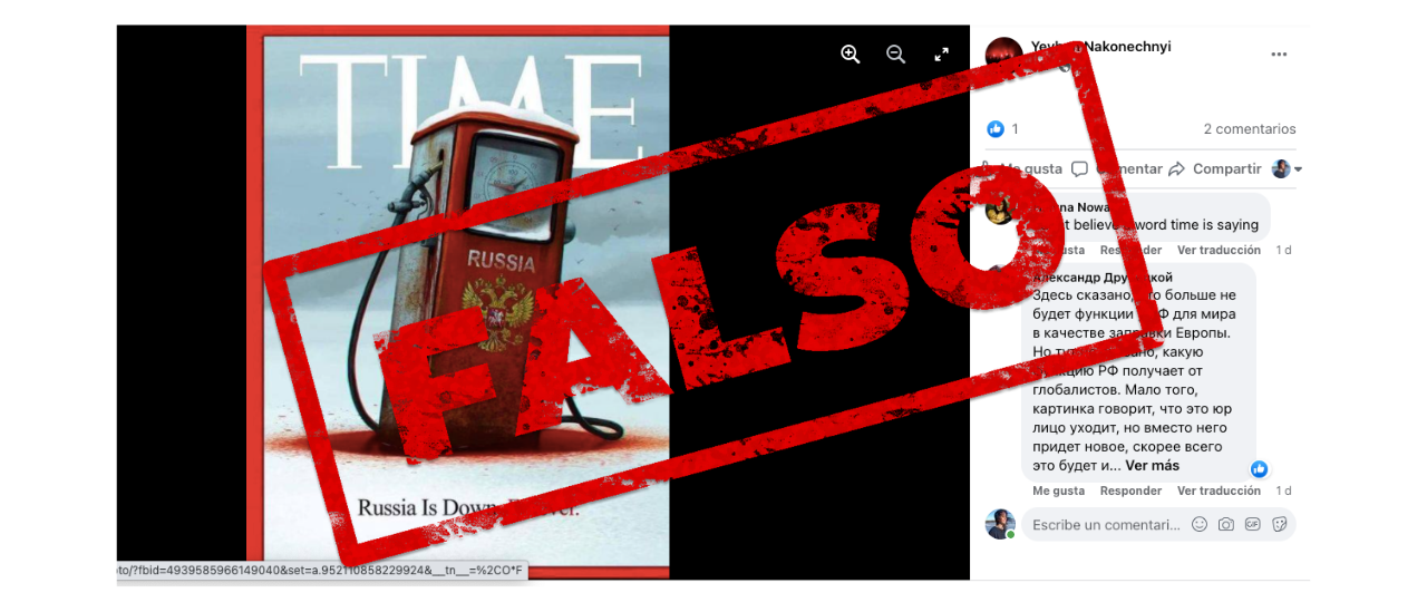 Es falsa la tapa de la revista Time en la que se ve un viejo surtidor de nafta ruso oxidado, sumergiéndose en sangre