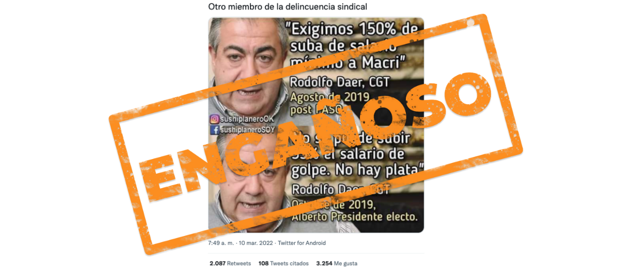 Es engañoso que Héctor Daer pasó de pedirle a Macri que suba 150% el salario mínimo a decir que “no hay plata” para un 35%, con Alberto Fernández electo