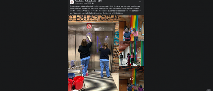 Es verdadera la imagen de mujeres limpiando espacios vandalizados en España tras el 8M