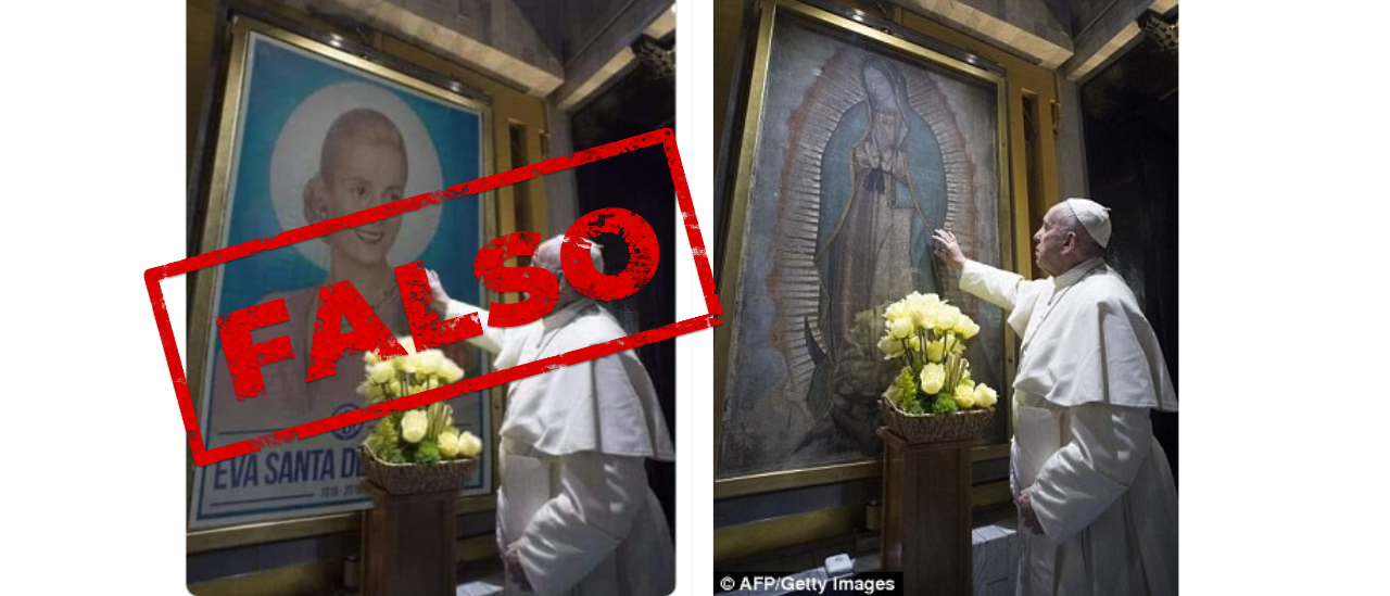 No, la imagen del cuadro que aparece venerando el Papa no es de Eva Perón sino de la Virgen de Guadalupe