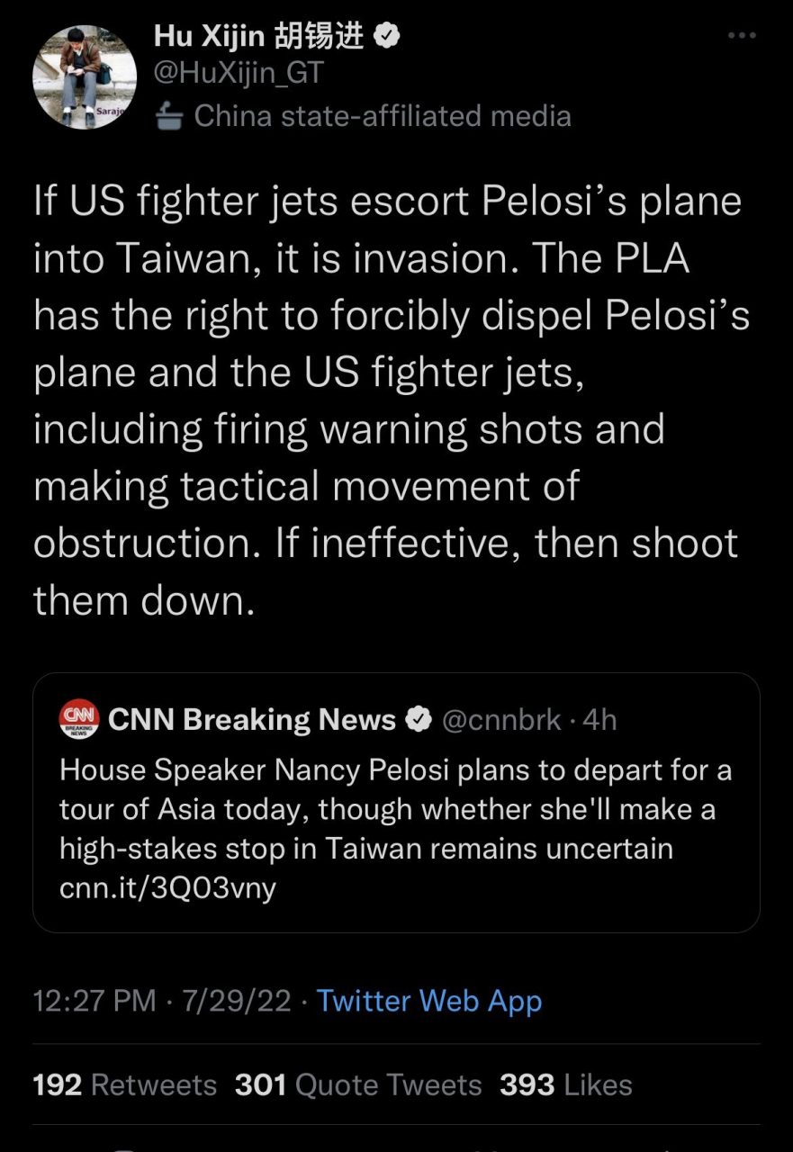 No, China no ha amenazado públicamente con derribar el avión de Nancy Pelosi