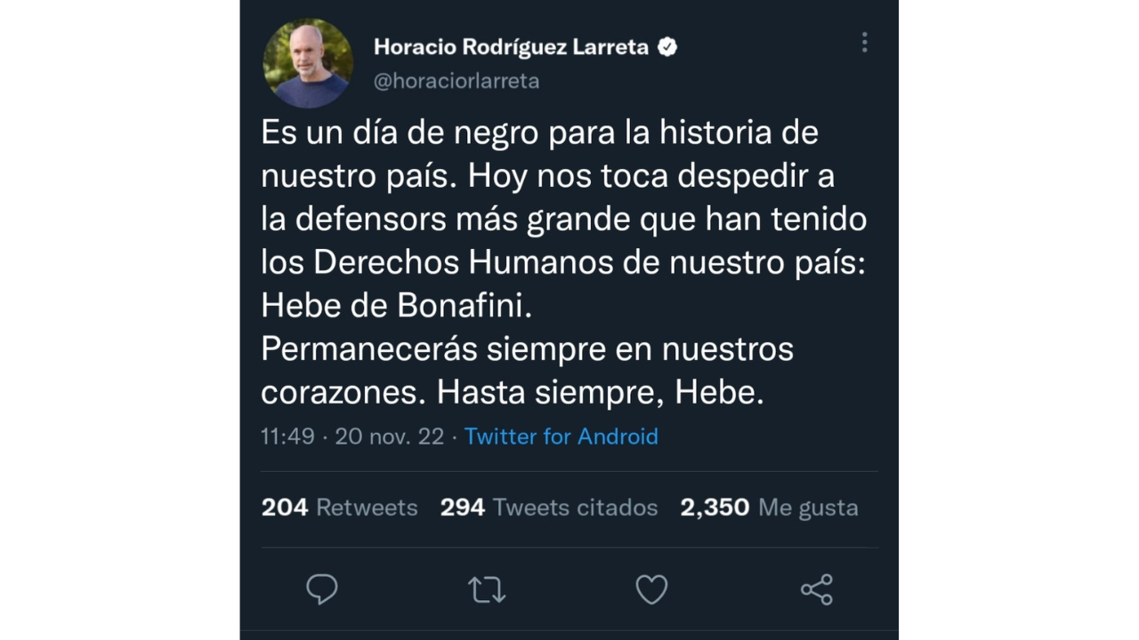 Es falso el supuesto tuit de Horacio Rodríguez Larreta sobre la muerte de Hebe de Bonafini