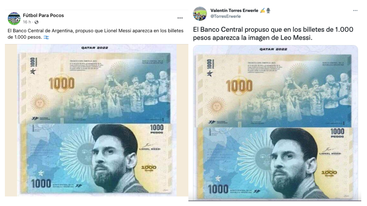 Es falso que el Banco Central propuso que en los billetes de $ 1000 aparezca la imagen de Messi