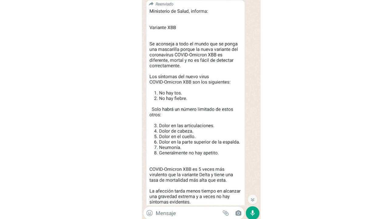 Es falsa la cadena de WhatsApp con recomendaciones sobre la "variante XBB" del coronavirus