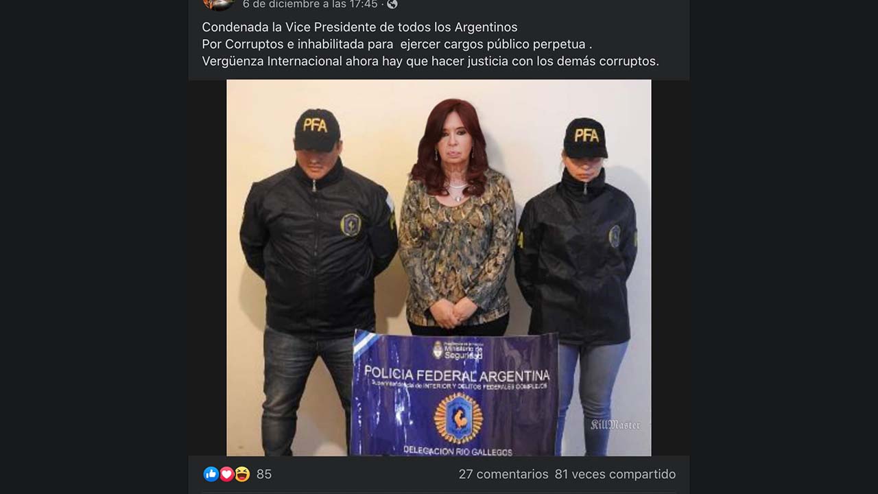 Es falsa la foto donde se ve a Cristina Fernández de Kirchner detenida por la Policía Federal