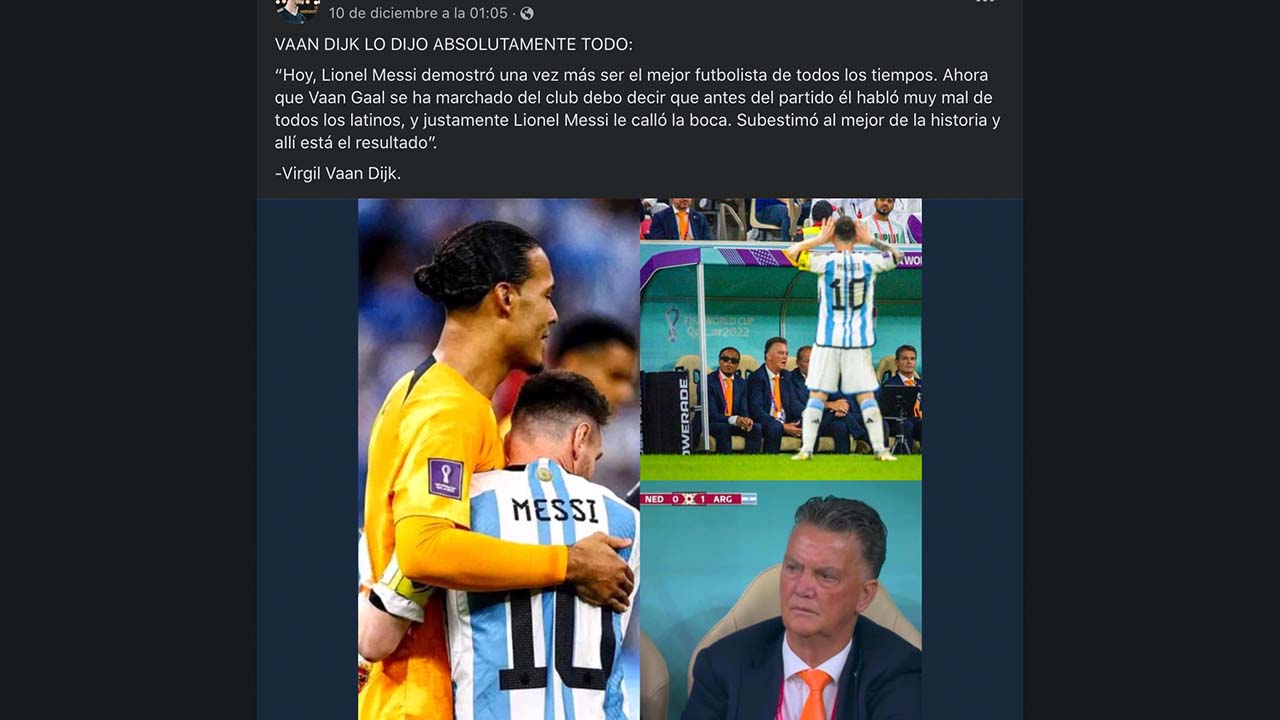 Es falso que Virgil Van Dijk declaró en contra del técnico de Países Bajos tras la derrota con la Argentina