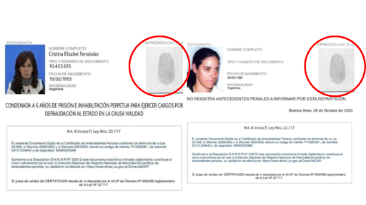 Es falso el “certificado de antecedentes penales” de Cristina Fernández de Kirchner que circula en redes sociales