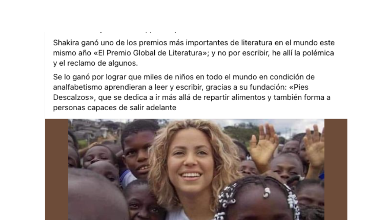 No, Shakira no recibió un premio de literatura pero sí se le otorgó en 2020 un premio “por su contribución a la alfabetización”