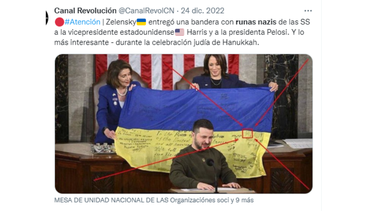 Es falso que Zelenski entregó una bandera con símbolos nazis al Congreso de los Estados Unidos