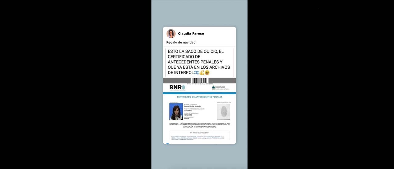 No, no es verdadero el supuesto certificado de antecedentes penales de Cristina Fernández de Kirchner