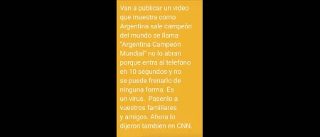 Es falso que circula un virus en formato de video que se llama “Argentina Campeón Mundial”