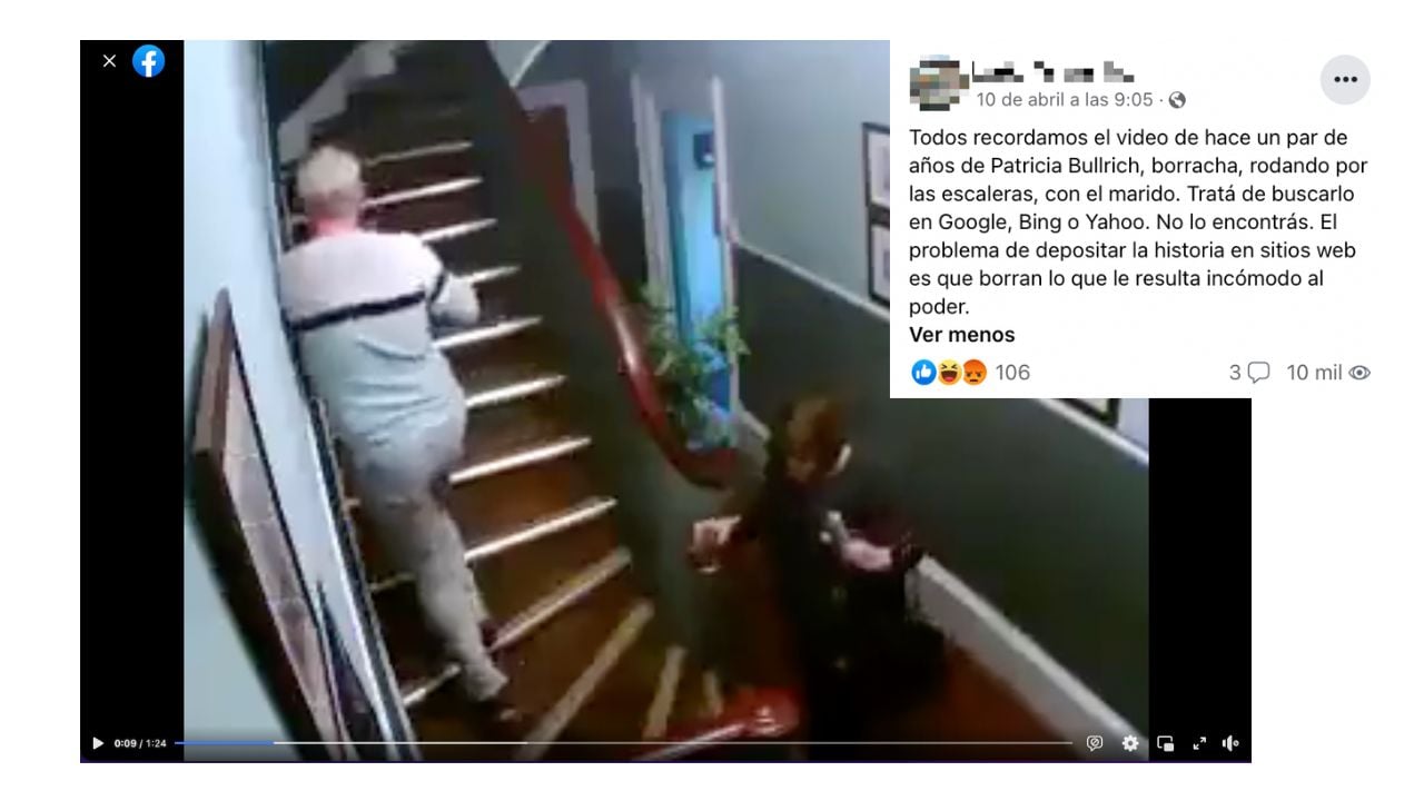 Es falso que la pareja que aparece “borracha” y “rodando por las escaleras” en este video sea la de Patricia Bullrich y su marido