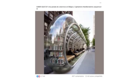 No, esta foto no muestra una parada de colectivo en Bélgica con una biblioteca dentro: es una imagen creada con inteligencia artificial