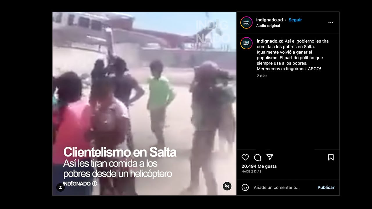 No, el video de un helicóptero repartiendo comida en Salta no es actual