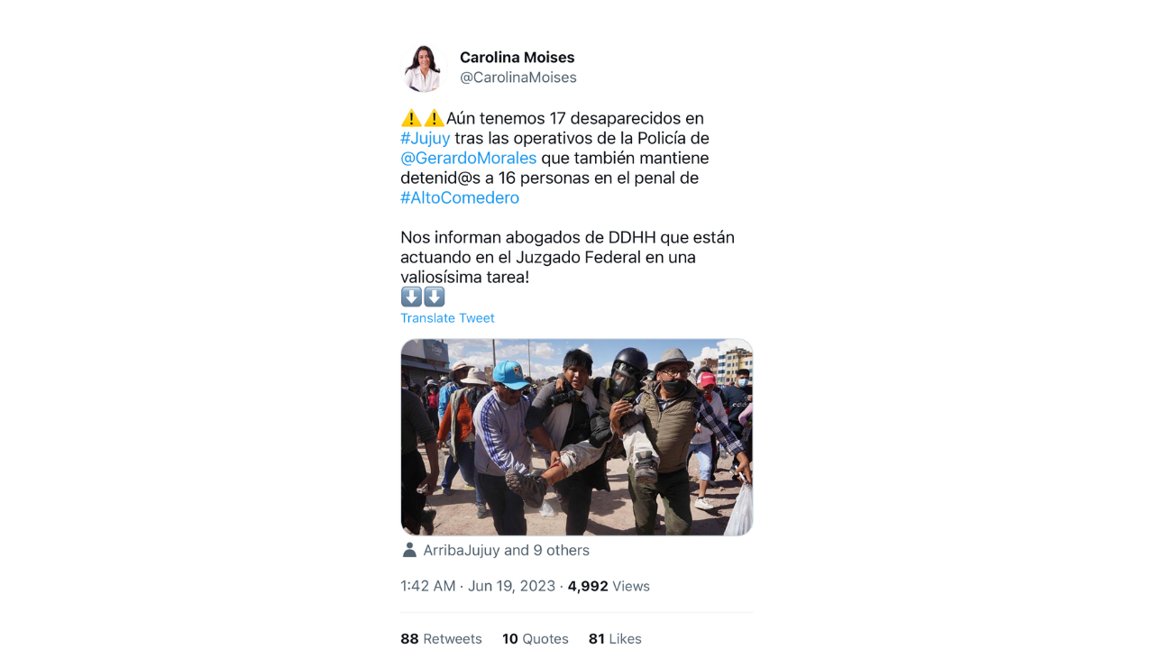 No fueron tomadas en Jujuy ni son actuales las fotos posteadas por la diputada del Frente de Todos Carolina Moisés