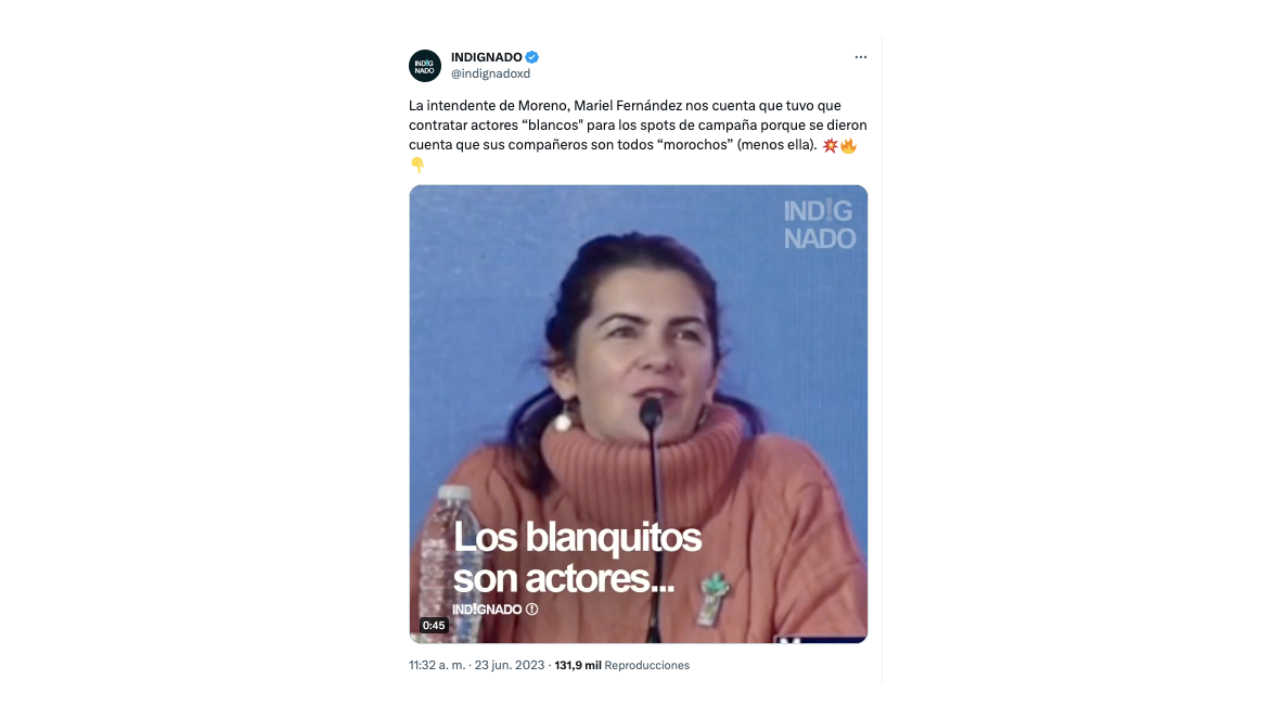 Es verdadero que Mariel Fernández, intendenta de Moreno, dijo que contrató actores "blancos" para grabar los spots de campaña en 2019