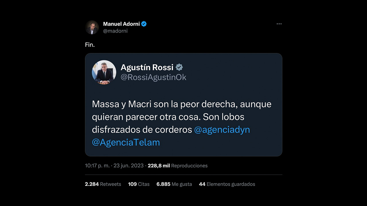 Es verdadero el tuit de 2014 de Agustín Rossi donde califica a Sergio Massa como “la peor derecha”