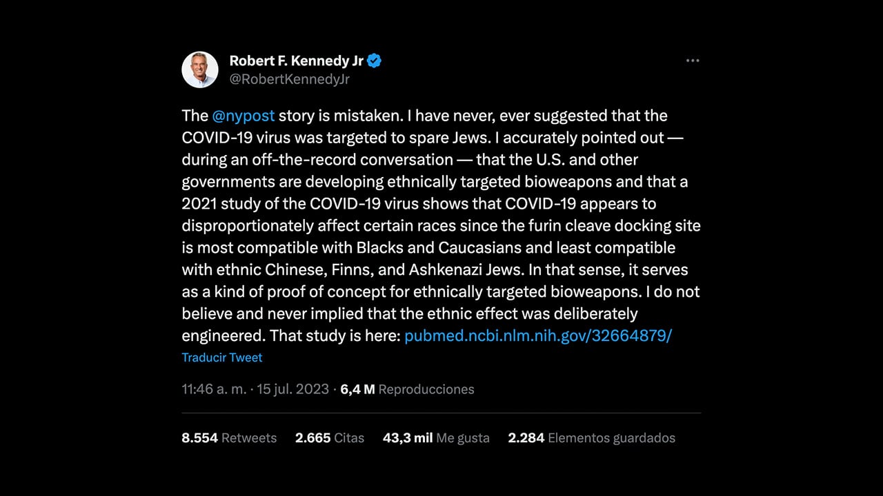 Es falso que Robert Kennedy Jr. no sugirió que el COVID-19 fue diseñado deliberadamente para no afectar a la población judía