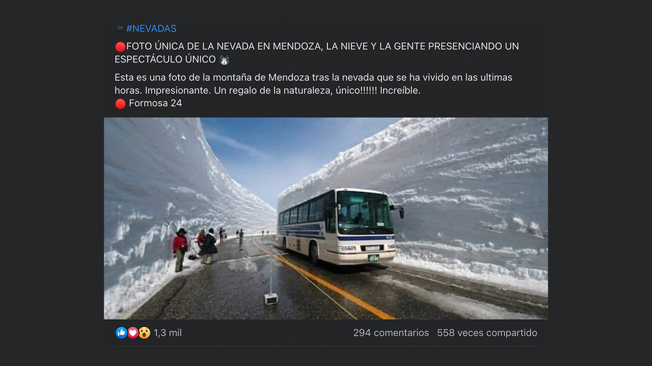 No, esta fotografía de la ruta nevada no fue tomada en Mendoza, sino en Japón