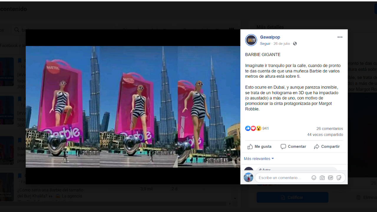 No, este anuncio 3D en el que una Barbie gigante aparece en el centro de Dubai no es real: se trata de un video generado por computadora