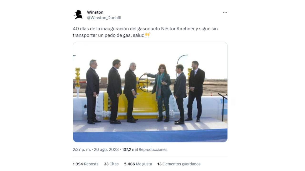 Es falso que el gasoducto Néstor Kirchner no esté transportando gas