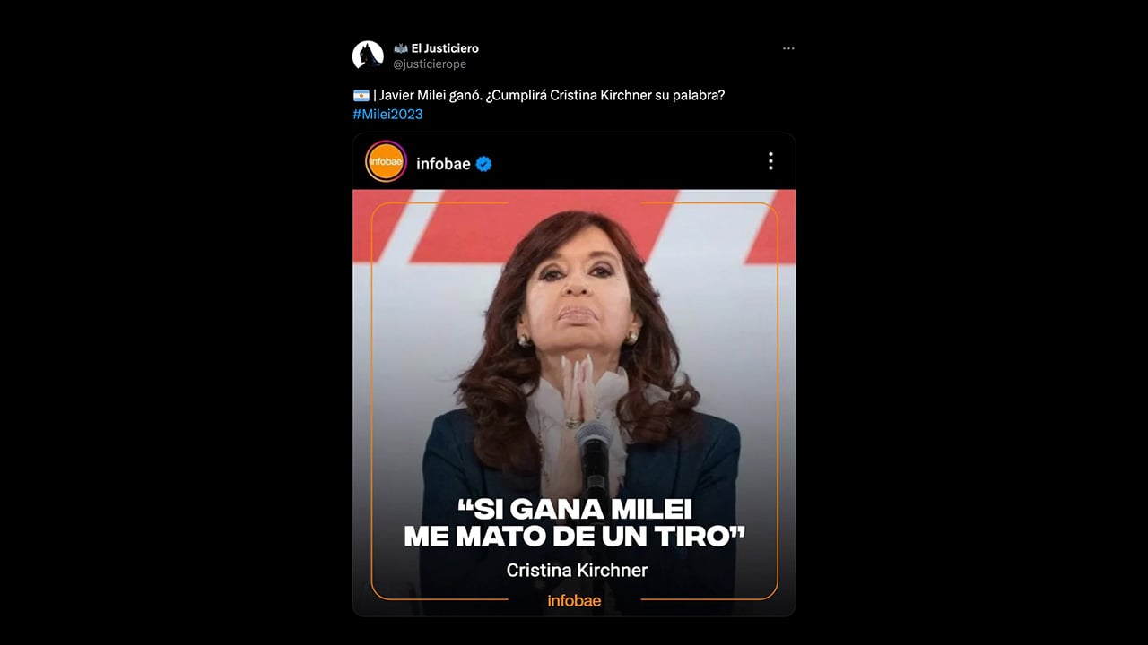 Es falsa la placa de Cristina Fernández de Kirchner que indica: “Si gana [Javier] Milei me mato de un tiro”