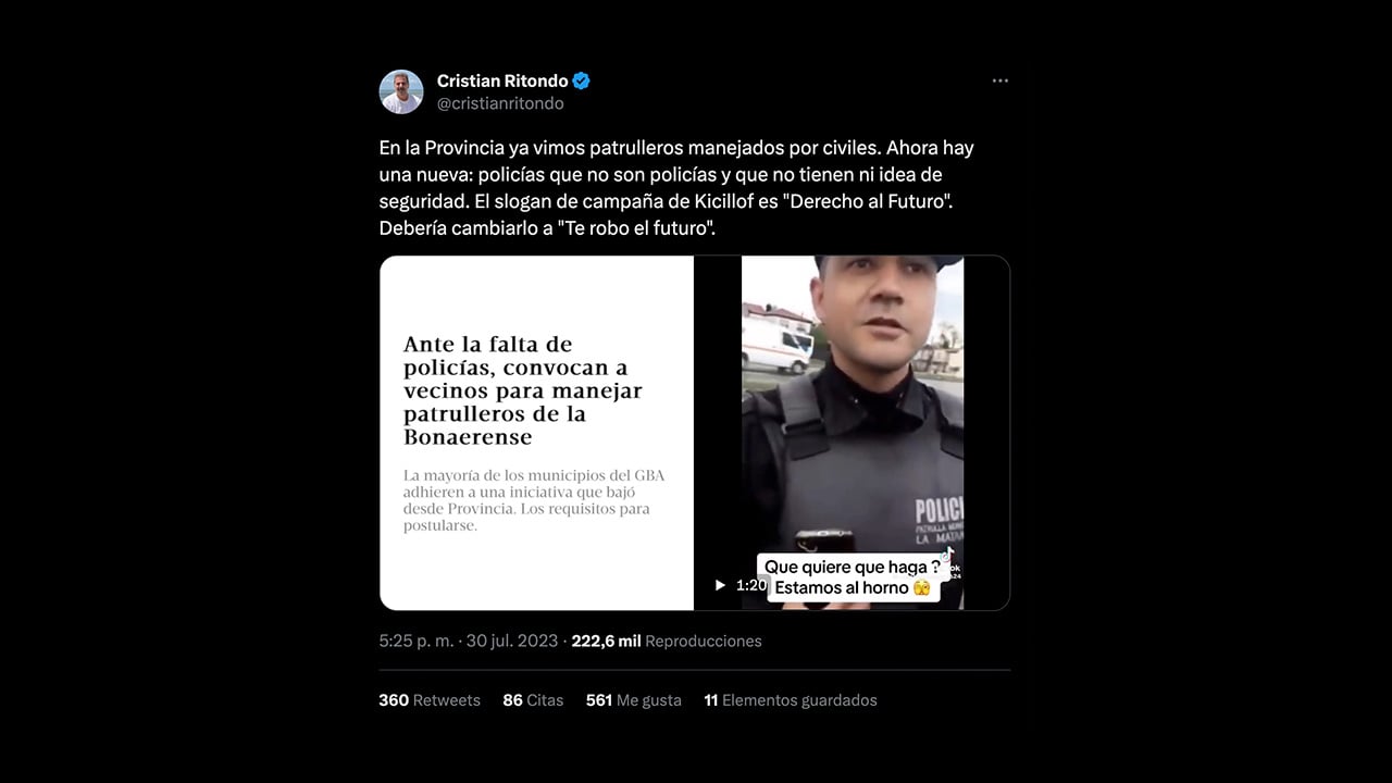 Es engañoso el tuit difundido por Cristian Ritondo: el titular es verdadero pero el video es de 2019, cuando él era ministro de Seguridad bonaerense