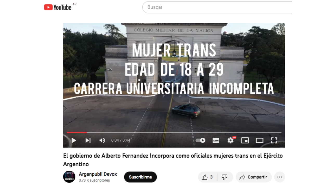 Es falso el video del Ejército argentino que convoca a mujeres trans