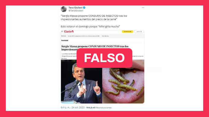 Es falso que la plataforma electoral de Unión por la Patria propone “reducir el consumo de carne y fomentar el consumo de insectos”