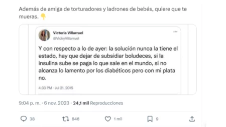 Es falso que en 2015 Victoria Villarruel tuiteó: “Lo lamento por los diabéticos, pero con mi plata no”