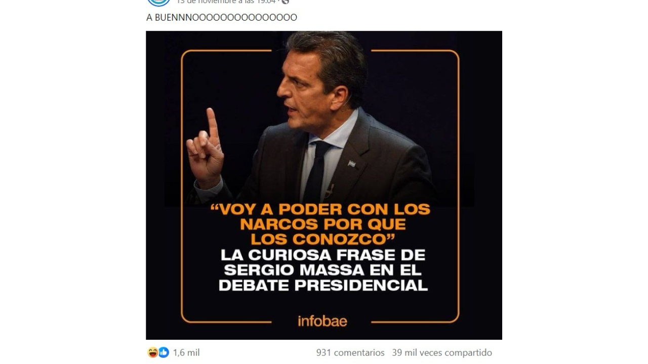Sergio Massa no pronunció la frase “voy a poder con los narcos porque los conozco” en el último debate, ni Infobae la publicó