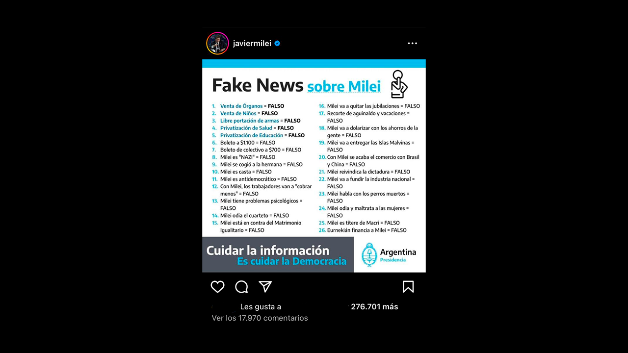 No, esta lista de “fake news” sobre Javier Milei no fue publicada por Presidencia de la Nación y contiene propuestas que sí expresó el candidato de la Libertad Avanza