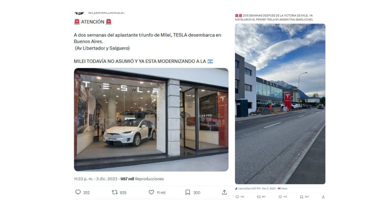 Es falso que Tesla abrió locales en la Argentina en diciembre de 2023; las fotos que circulan en redes sociales son de sucursales en Europa