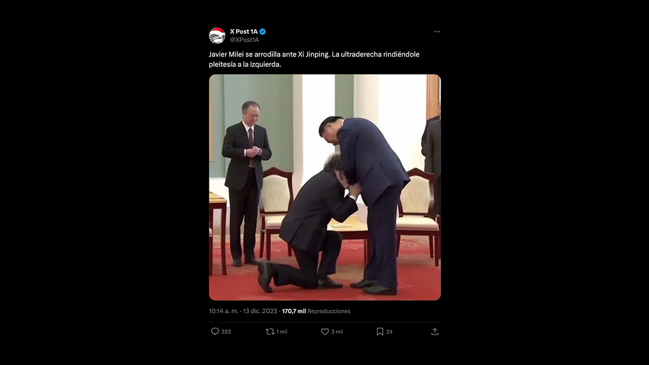 Es falsa esta foto de Javier Milei arrodillado ante el presidente chino Xi Jinping