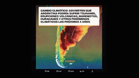 No, Infobae no publicó esta placa que advierte que la Argentina podría sufrir tsunamis y maremotos por el cambio climático
