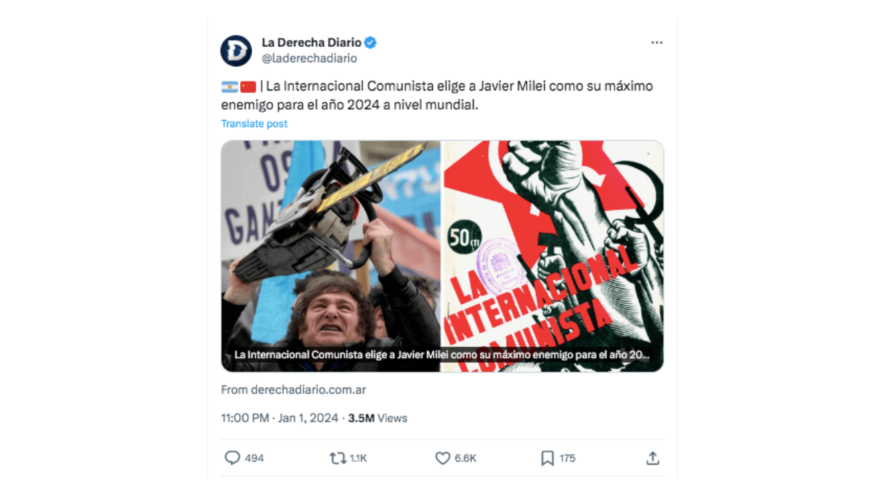 No, la Internacional Comunista no eligió a Javier Milei como “su máximo enemigo": la organización fue disuelta en 1943