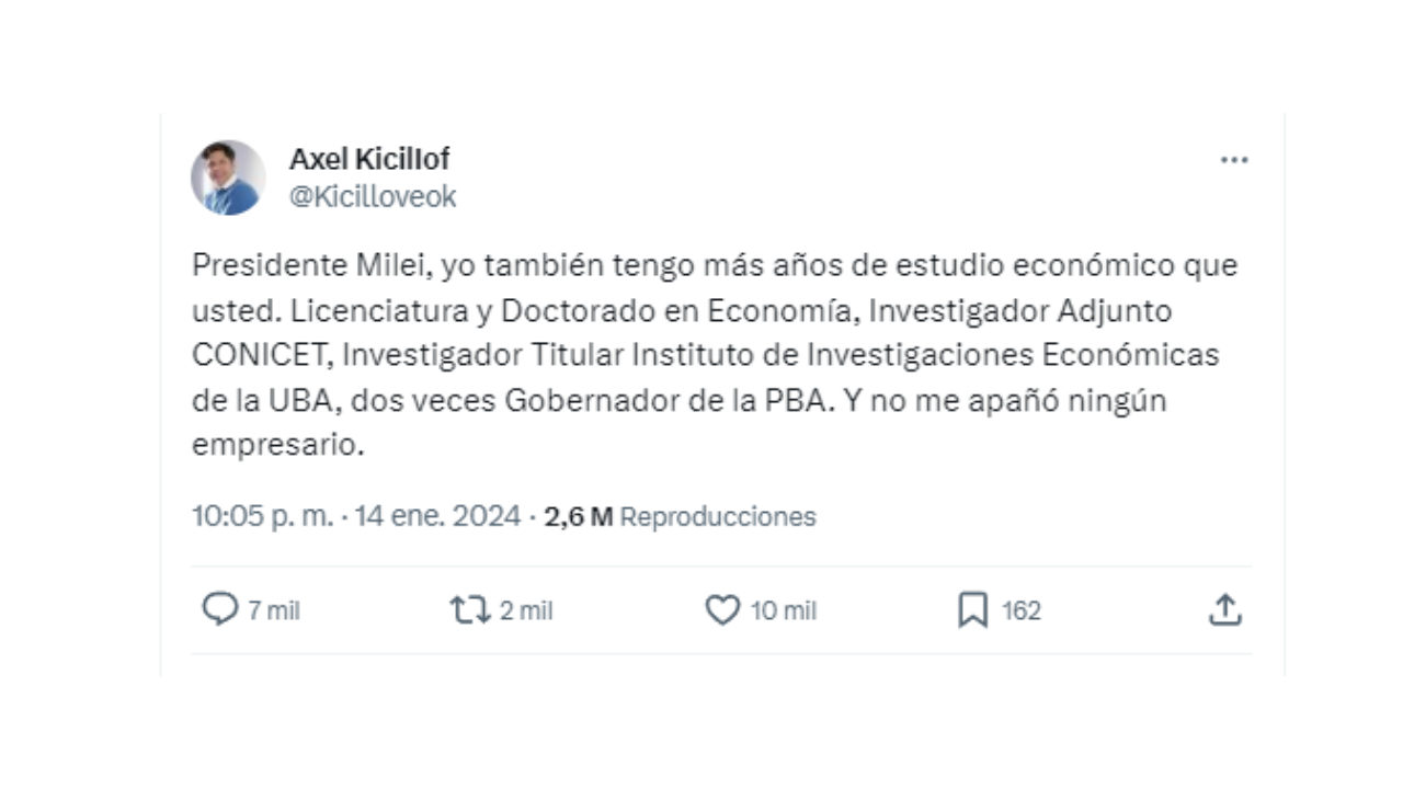 Es falso el perfil de X de Axel Kicillof al que le contestó Javier Milei