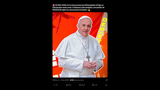 Es falso que el Papa Francisco figura “mencionado varias veces” en los documentos revelados sobre Jeffrey Epstein