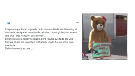 El video viral de un policía disfrazado de oso deteniendo a 2 narcotraficantes en San Valentín es una recreación de una detención real en Perú