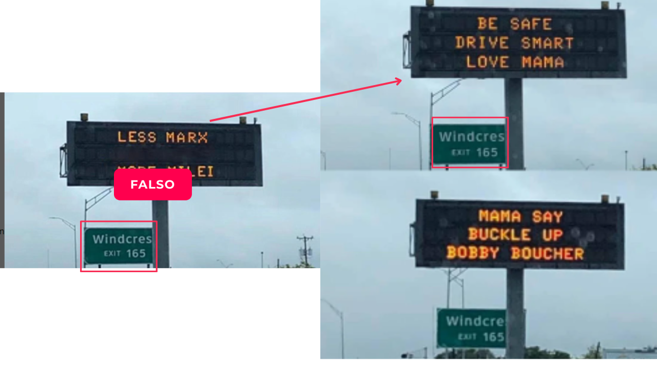 Es falso que este cartel vial en EE.UU. muestra un apoyo a Javier Milei con la frase: “Less Marx. More Milei”