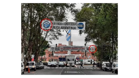 Es falsa la foto que muestra un cartel de la CGT junto al símbolo comunista durante la marcha universitaria del 23 de abril