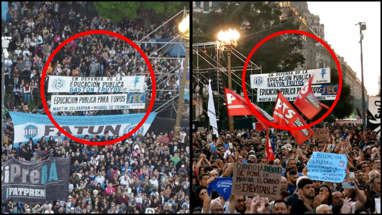 Es falsa la foto que muestra un cartel de la CGT junto al símbolo comunista durante la marcha universitaria del 23 de abril