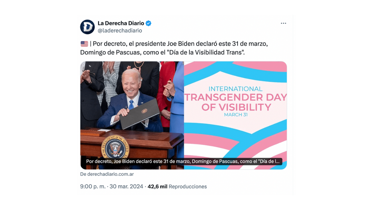 Es falso que Joe Biden decretó que en los Estados Unidos el Día de la Visibilidad Trans coincida con el domingo de Pascuas