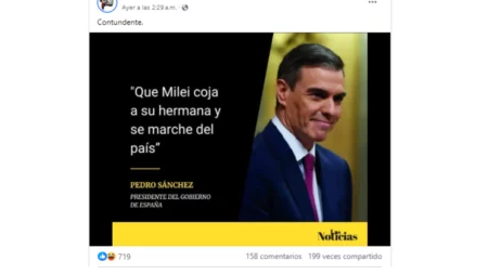 No, el presidente español Pedro Sánchez no dijo "que Milei coja a su hermana y se vaya del país": se trata de una placa falsa