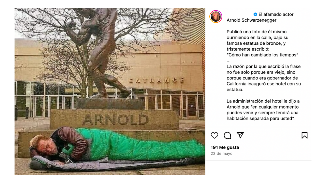 No, Arnold Schwarzenegger no durmió en la calle porque le negaron hospedaje en un hotel de California
